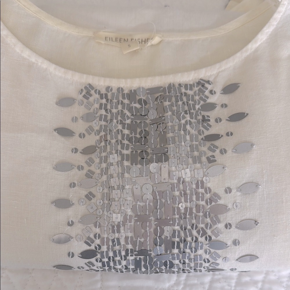 Elegant Eileen Fisher - Cream and Silver Embellished Top
